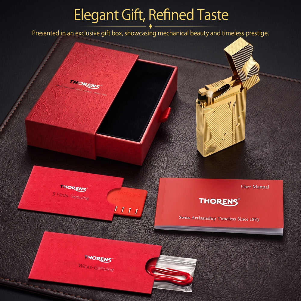 A technical data sheet for the gold Thorens Mermaid lighter, detailing its brass construction, unique dimensions, and weight, alongside illustrated steps for refilling fluid and replacing flints.