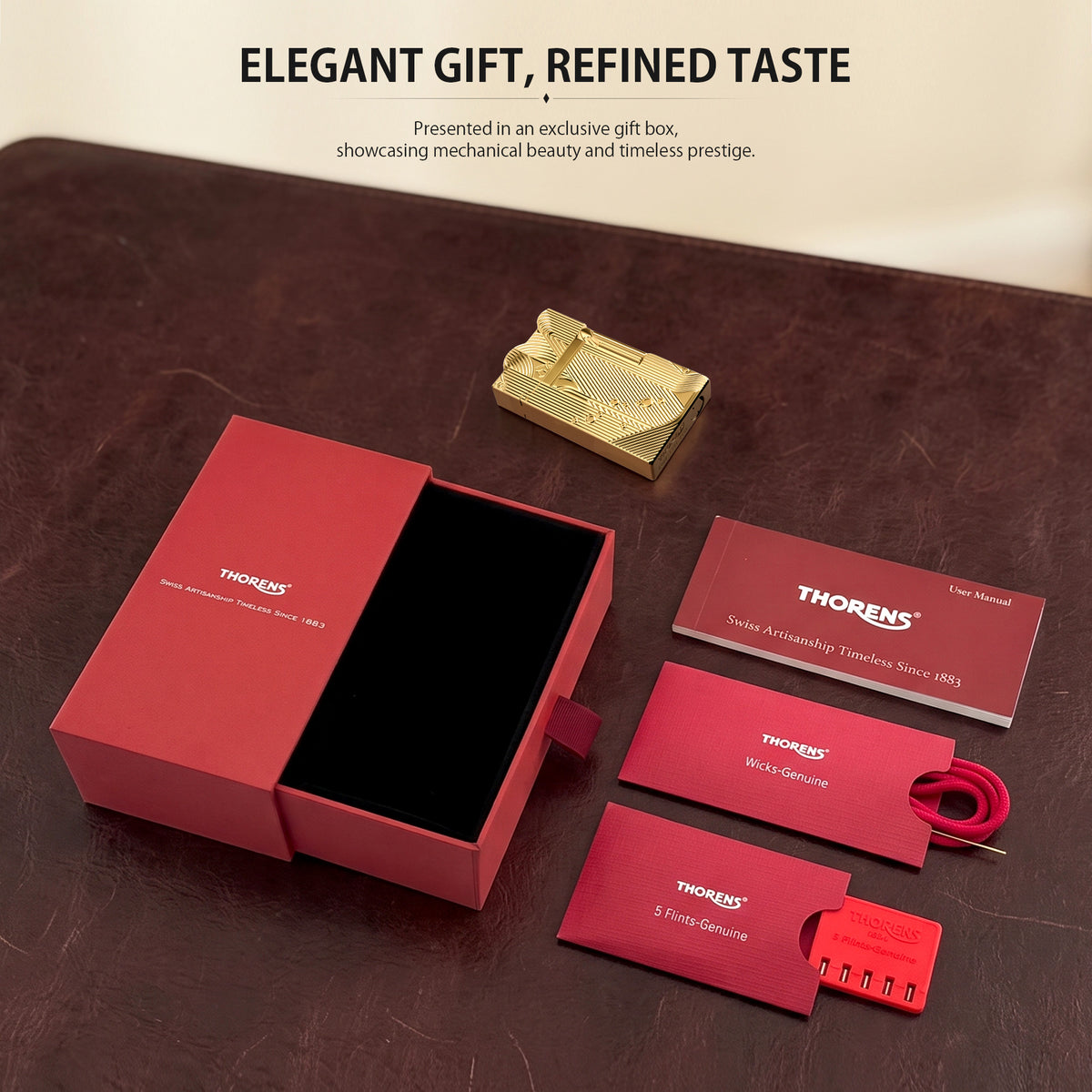 A technical data sheet for the gold Thorens Mermaid lighter, detailing its brass construction, unique dimensions, and weight, alongside illustrated steps for refilling fluid and replacing flints.