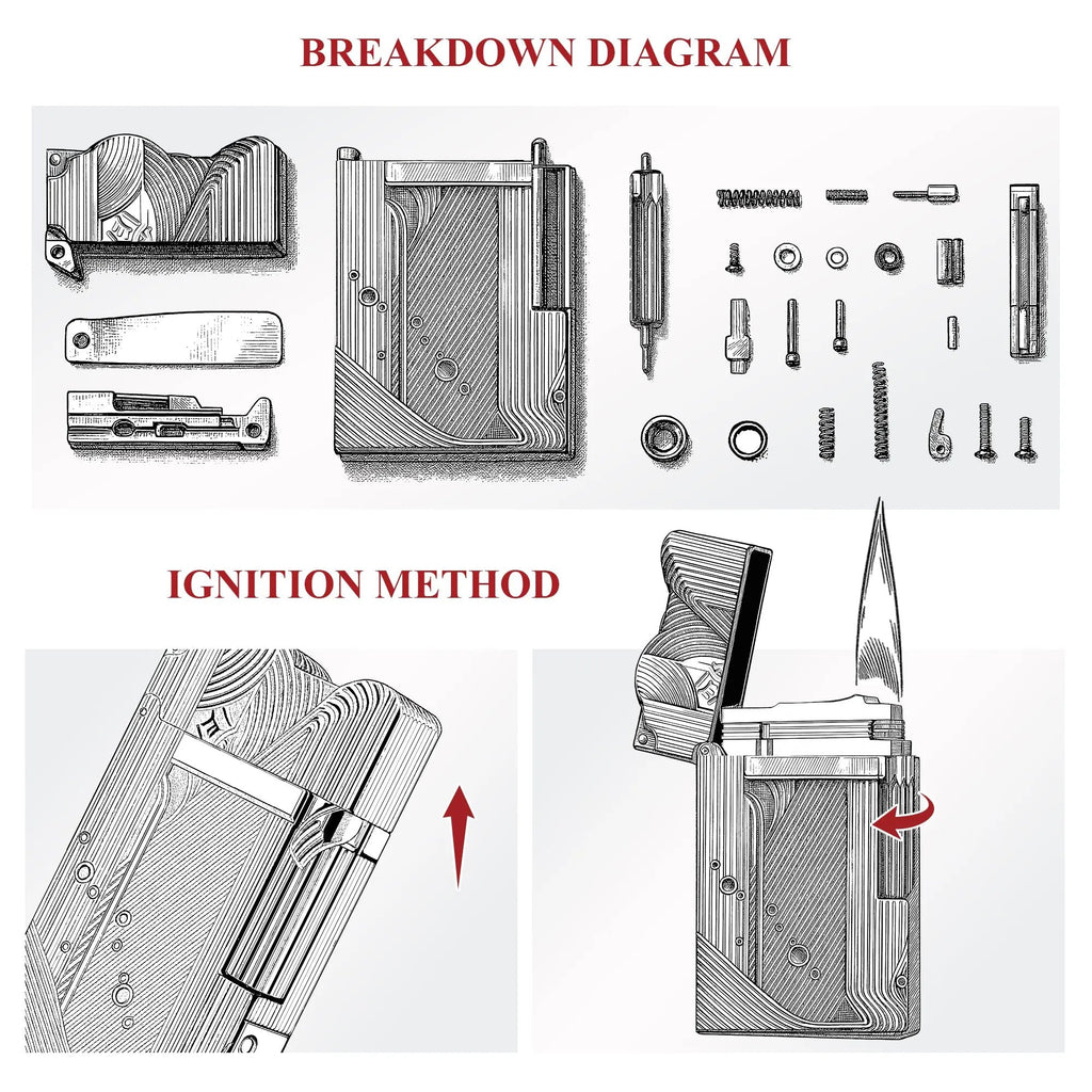 A technical illustration showing the exploded view of the gold Thorens Mermaid lighter's internal components alongside a visual guide for the side-roller ignition method.