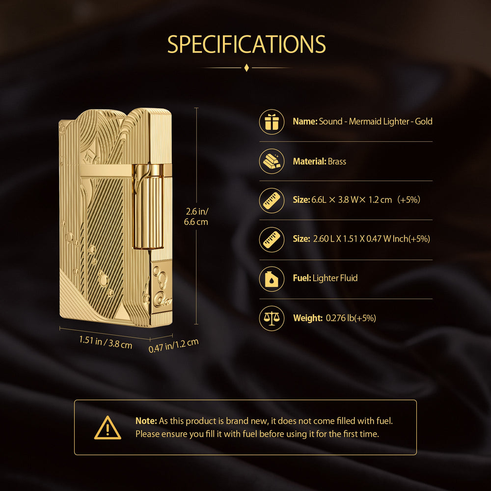 A technical illustration showing the exploded view of the gold Thorens Mermaid lighter's internal components alongside a visual guide for the side-roller ignition method.