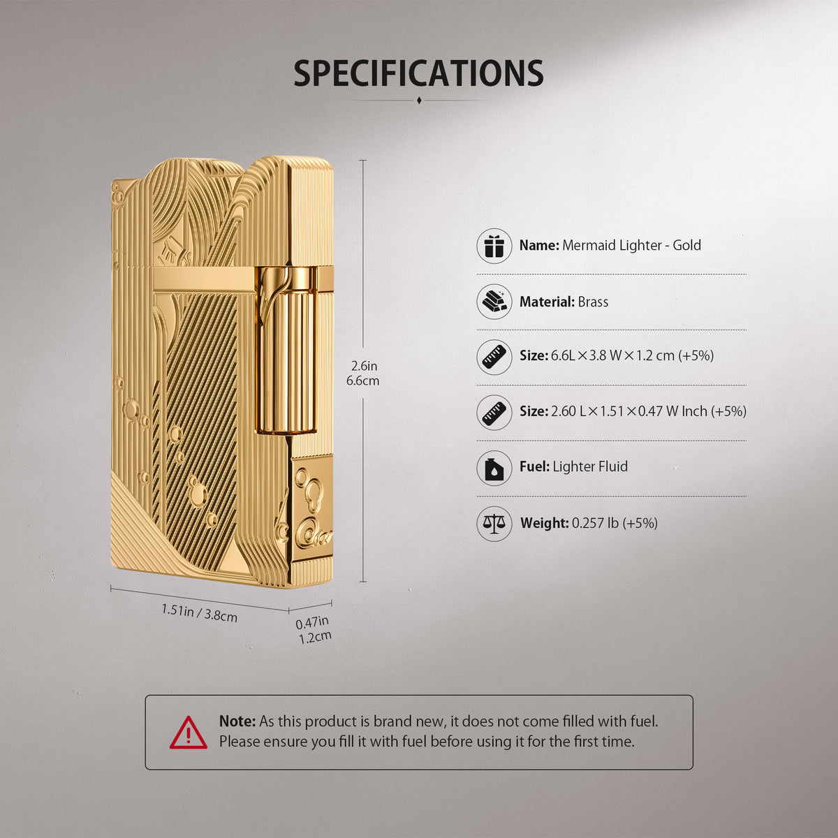 A technical illustration showing the exploded view of the gold Thorens Mermaid lighter's internal components alongside a visual guide for the side-roller ignition method.