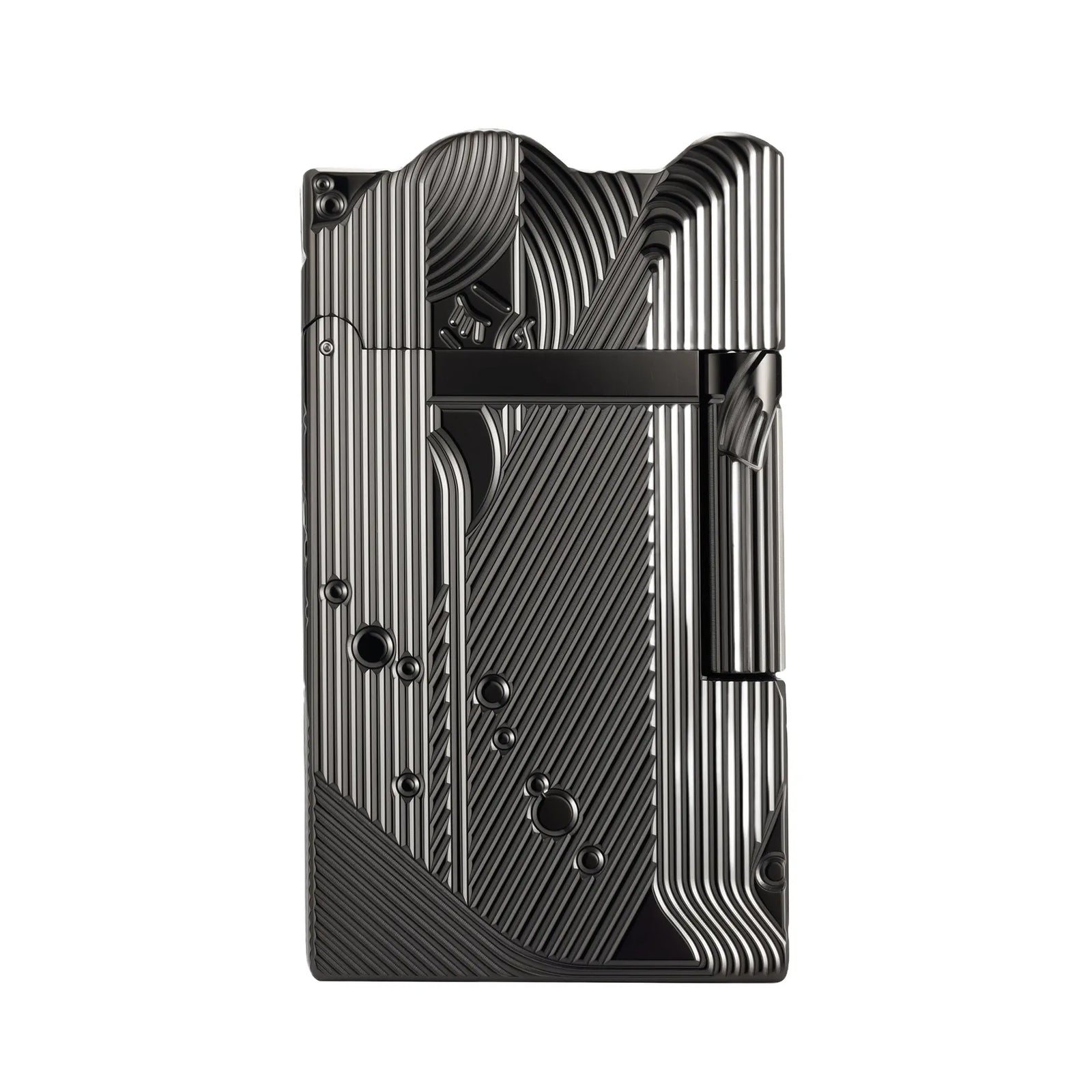 A Thorens Mermaid lighter featuring an intricate wave pattern and bubble motifs etched into black chrome brass with a mechanical side-ignition.