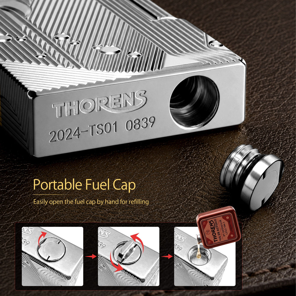 A silver Thorens Mermaid lighter presented in a premium red drawer-style gift box, shown alongside replacement wicks, a 5-pack of genuine flints, and an official user manual.