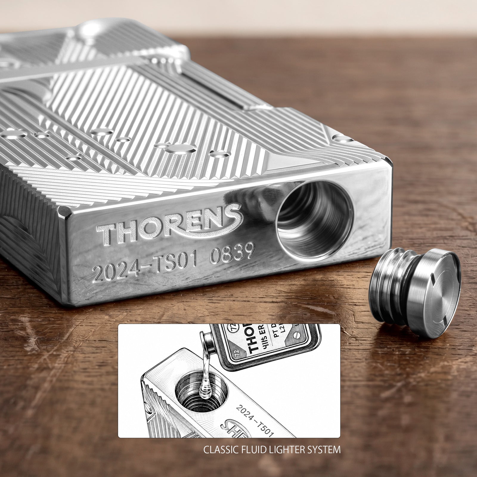 A silver Thorens Mermaid lighter presented in a premium red drawer-style gift box, shown alongside replacement wicks, a 5-pack of genuine flints, and an official user manual.