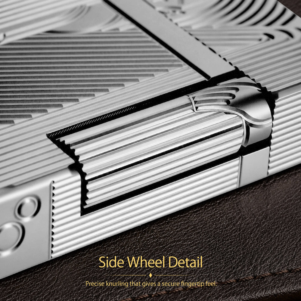 A high-angle perspective of a silver Thorens Mermaid lighter on a chessboard. The cool chrome-like finish highlights the intricate Art Deco mermaid engravings and the unique scalloped lid design.