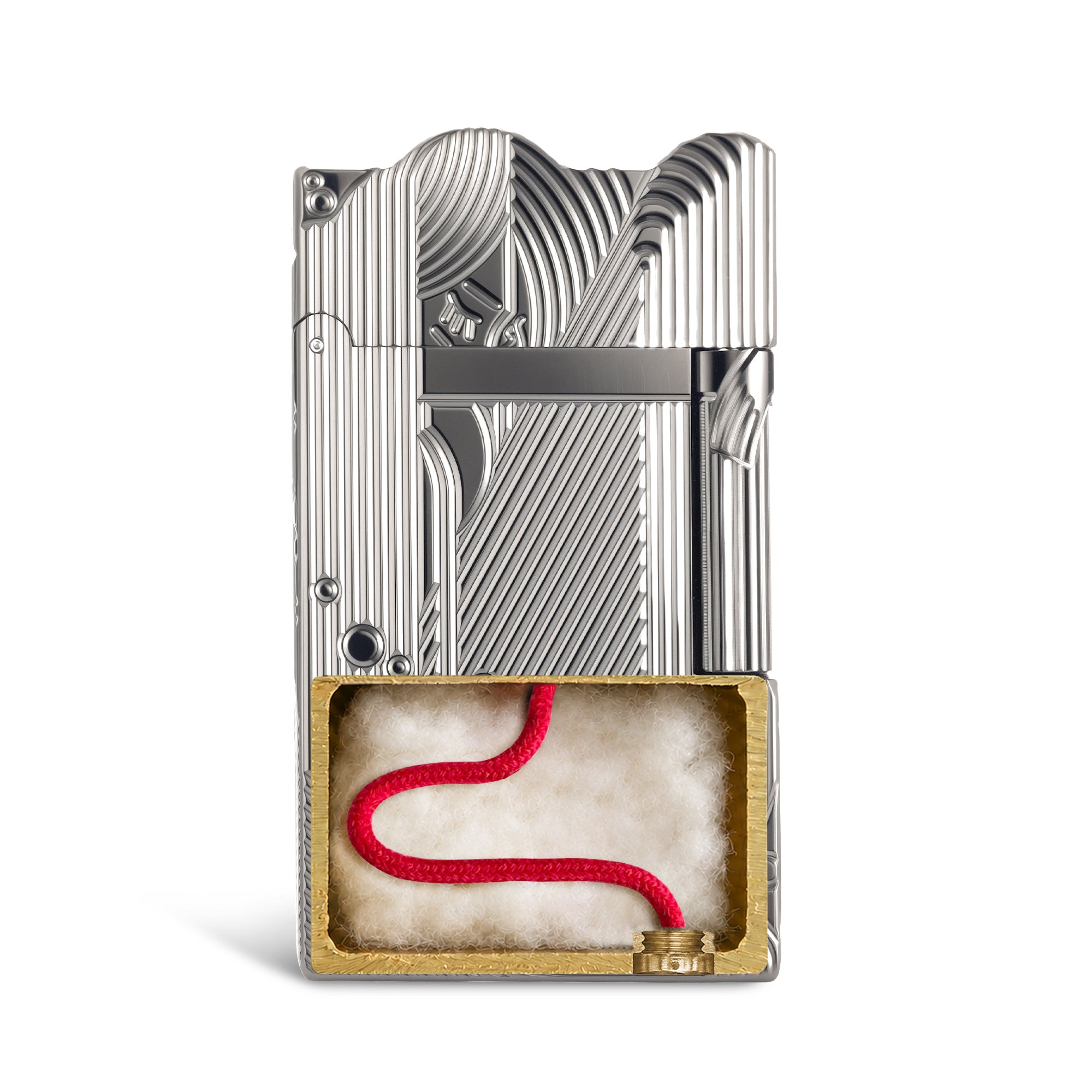 A high-angle perspective of a silver Thorens Mermaid lighter on a chessboard. The cool chrome-like finish highlights the intricate Art Deco mermaid engravings and the unique scalloped lid design.