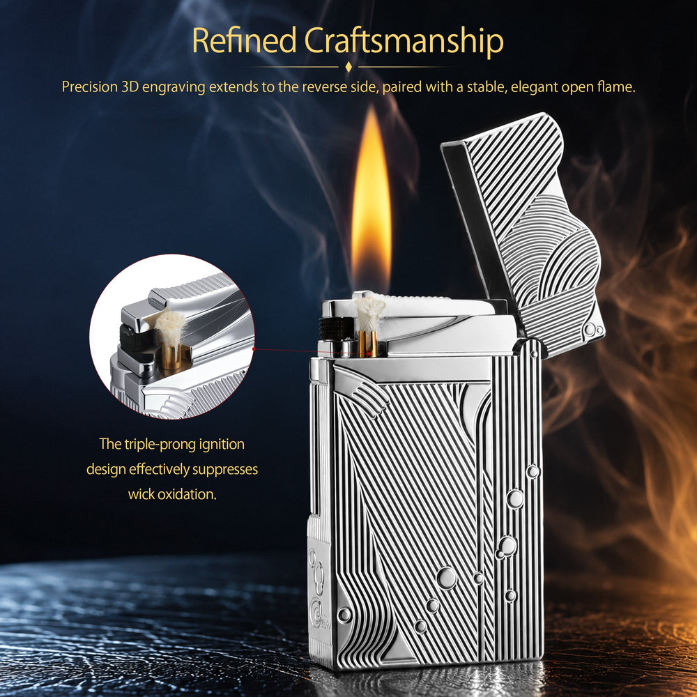An ignited silver Thorens Mermaid lighter showing a steady flame and active flint sparks, highlighting the intricate Art Deco engravings and scalloped lid design on a chessboard.