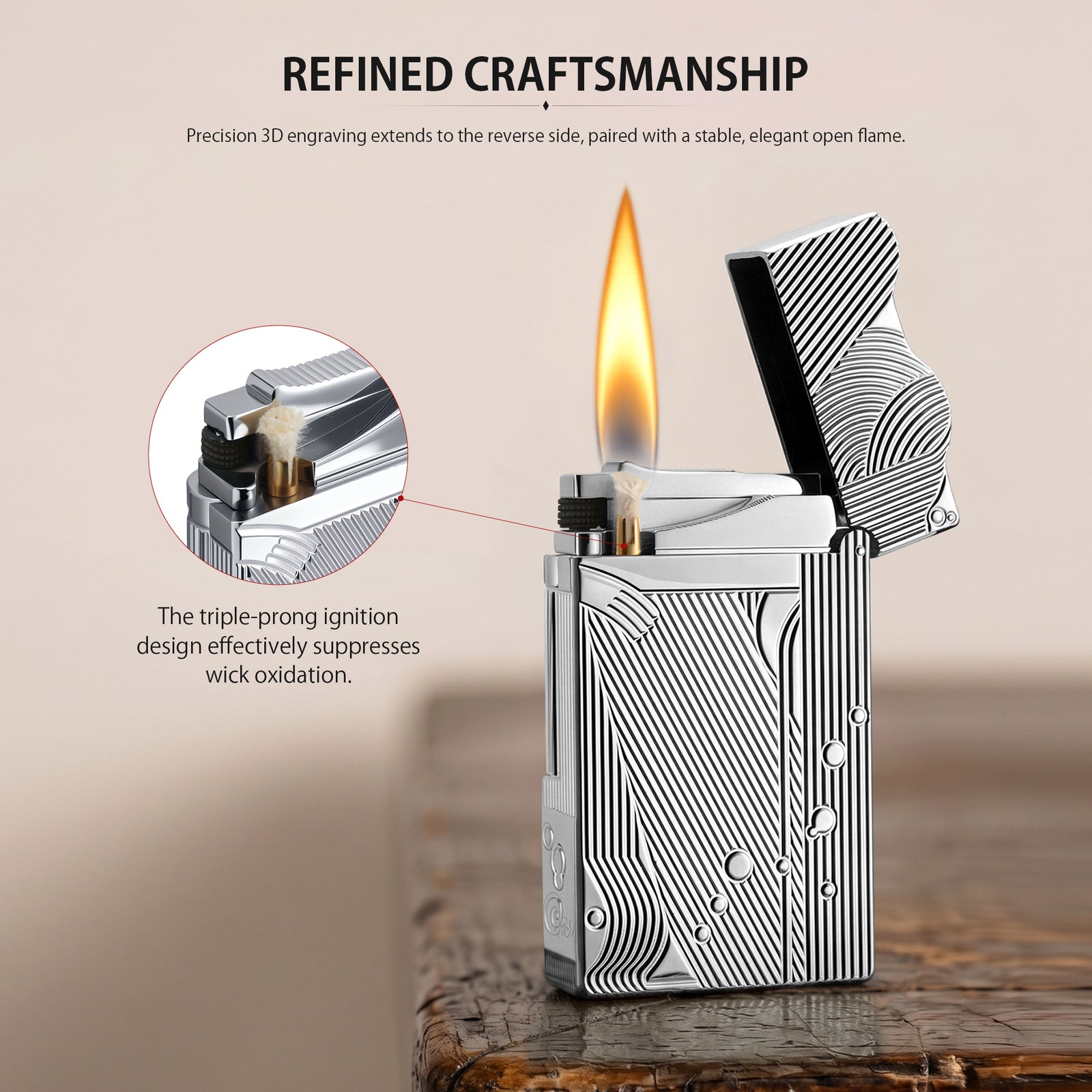 An ignited silver Thorens Mermaid lighter showing a steady flame and active flint sparks, highlighting the intricate Art Deco engravings and scalloped lid design on a chessboard.