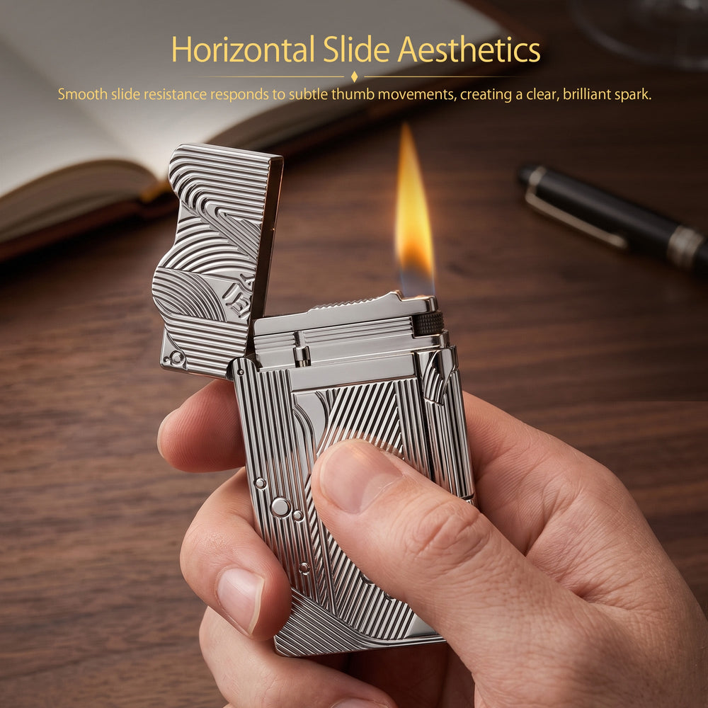 An open silver Thorens Mermaid lighter against a clean white background, showcasing the brilliant chrome-like finish on the internal ignition deck and the continuity of the wave engravings under the lid.