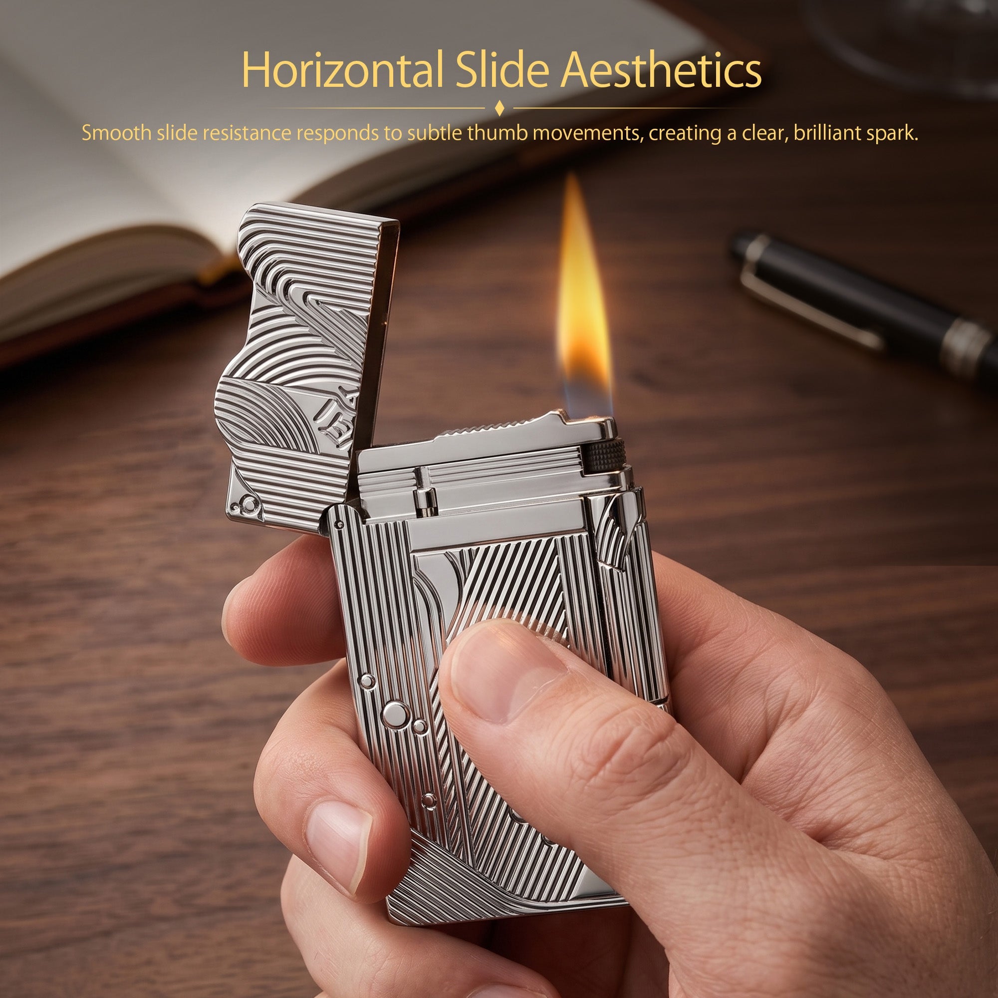 An open silver Thorens Mermaid lighter against a clean white background, showcasing the brilliant chrome-like finish on the internal ignition deck and the continuity of the wave engravings under the lid.