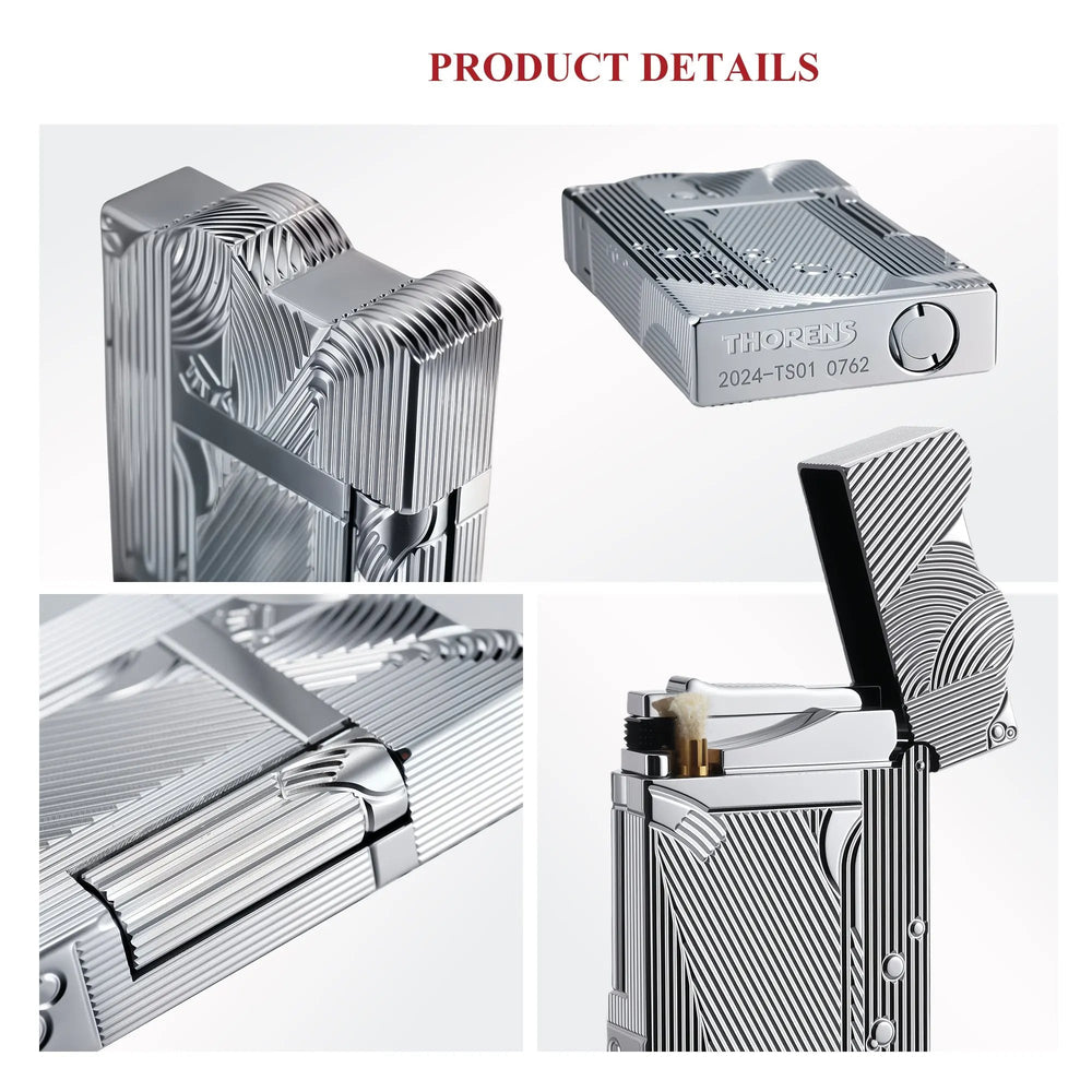A detailed collage of the silver Thorens Mermaid lighter, showcasing the high-luster Art Deco engravings, the side-slip ignition roller, the bottom fuel port with serial branding, and the internal wick and flint housing.