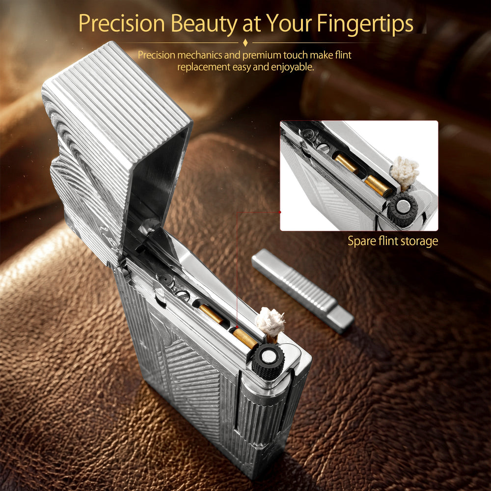 A detailed collage of the silver Thorens Mermaid lighter, showcasing the high-luster Art Deco engravings, the side-slip ignition roller, the bottom fuel port with serial branding, and the internal wick and flint housing.