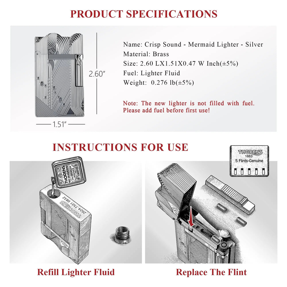 A technical datasheet for the silver Thorens Mermaid lighter, detailing its solid brass construction, weight, and dimensions, accompanied by illustrated instructions for refilling lighter fluid and replacing the flint.