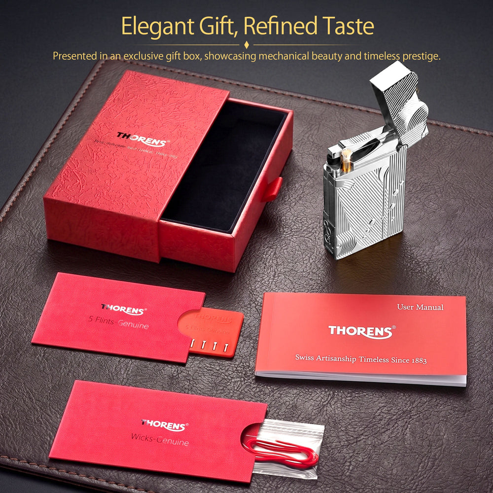 A technical datasheet for the silver Thorens Mermaid lighter, detailing its solid brass construction, weight, and dimensions, accompanied by illustrated instructions for refilling lighter fluid and replacing the flint.