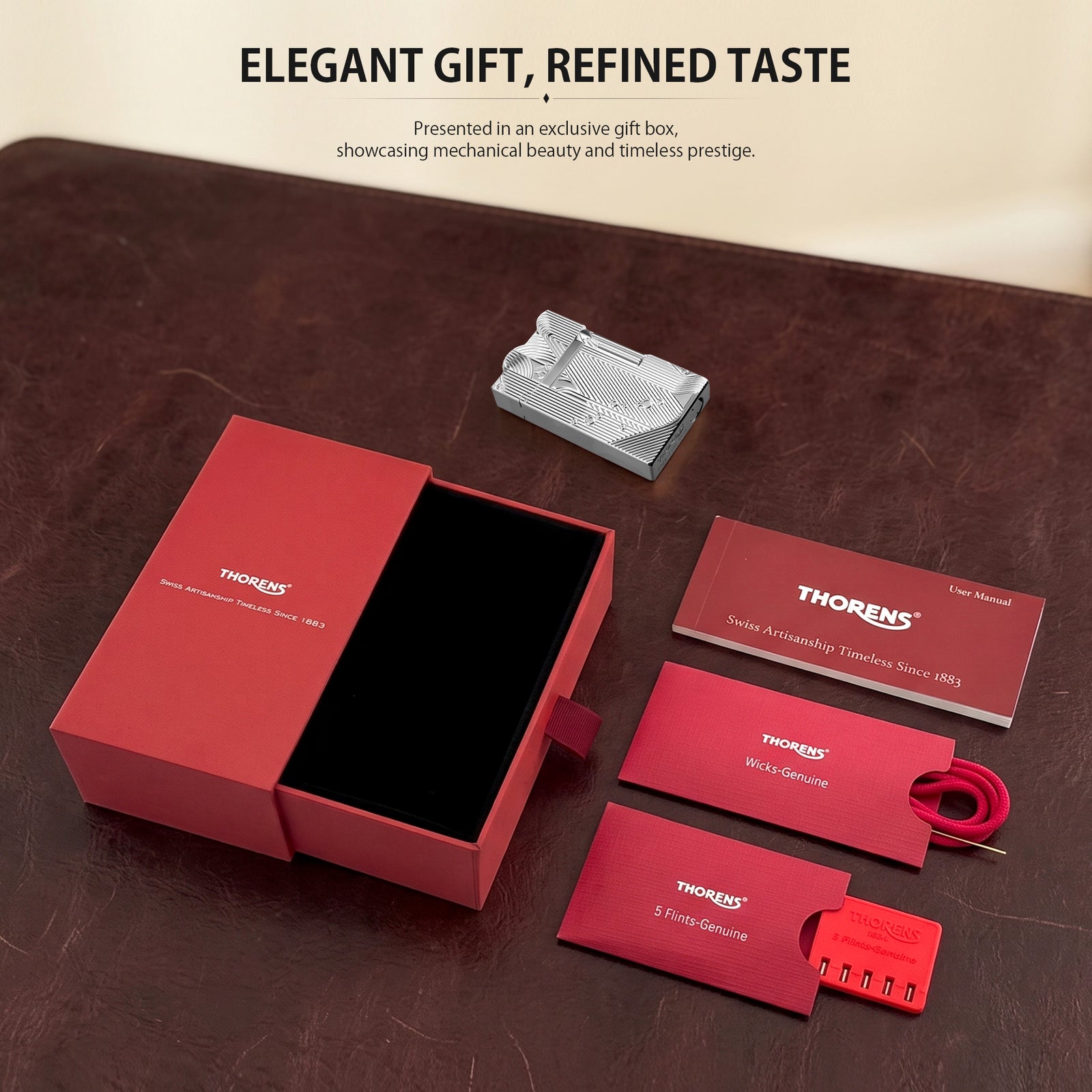 A technical datasheet for the silver Thorens Mermaid lighter, detailing its solid brass construction, weight, and dimensions, accompanied by illustrated instructions for refilling lighter fluid and replacing the flint.