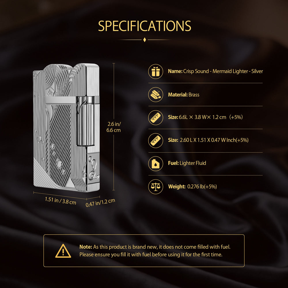 A technical illustration showing an exploded view of the silver Thorens Mermaid lighter's internal components alongside a step-by-step visual guide for the side-roller ignition method.