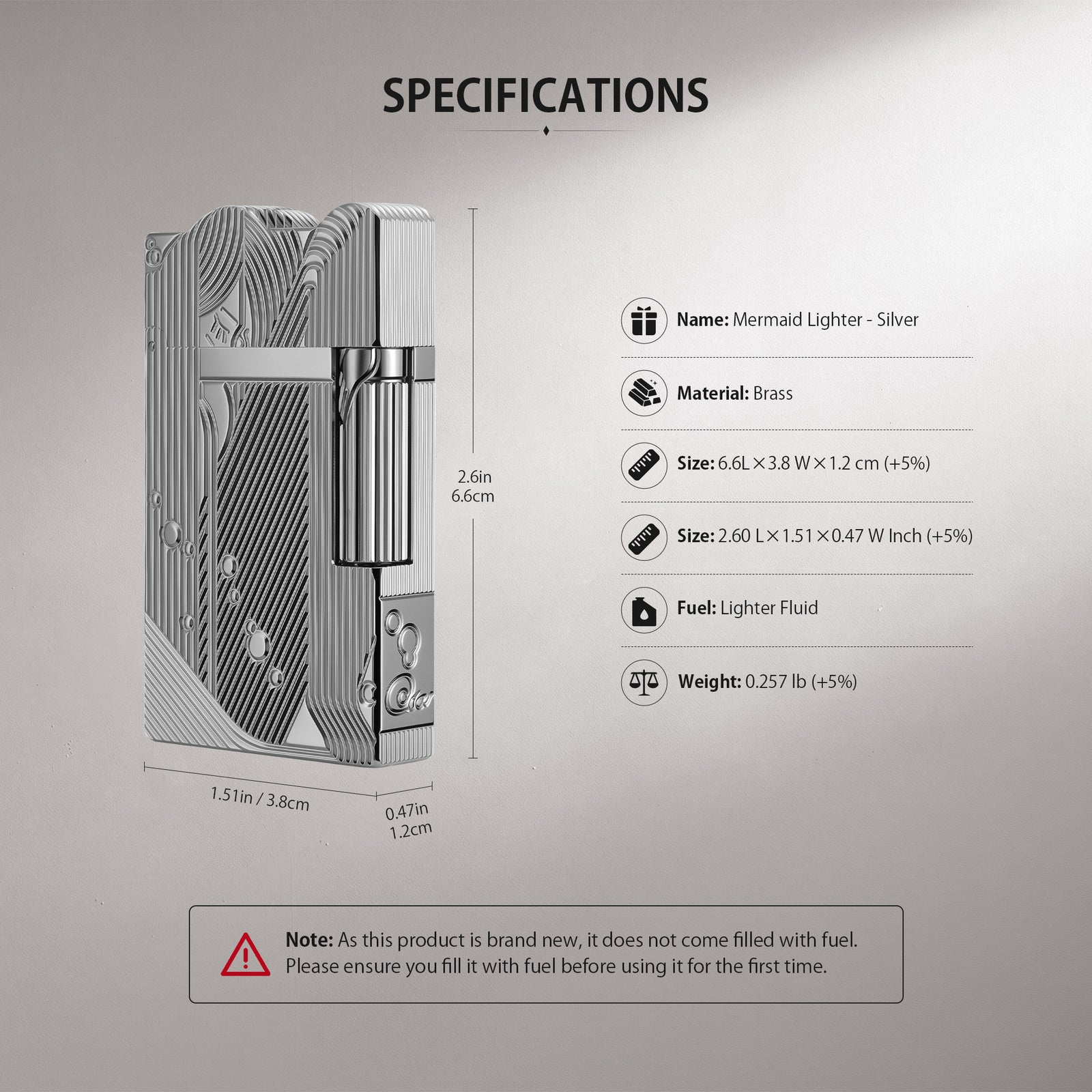 A technical illustration showing an exploded view of the silver Thorens Mermaid lighter's internal components alongside a step-by-step visual guide for the side-roller ignition method.