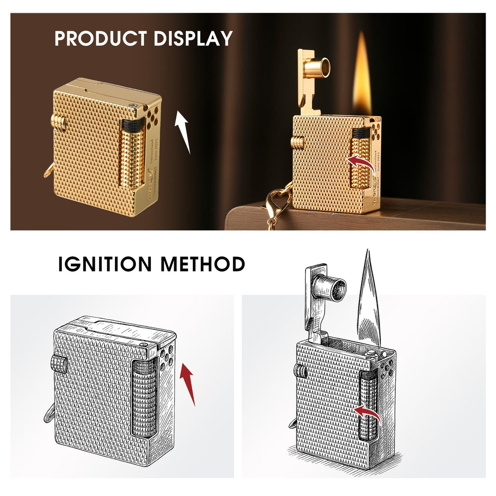 A diagram and photo demonstration of the Mini Cube Golden Mesh lighter ignition method, featuring its mechanical claw and flint wheel.