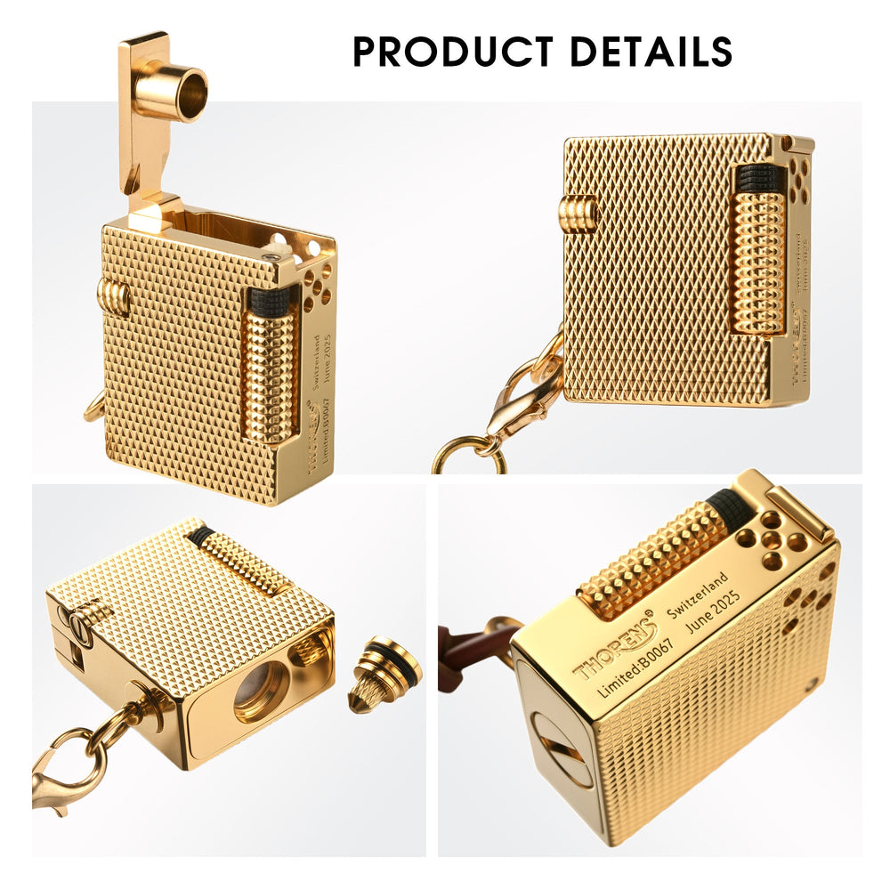 Product details of the Mini Cube Golden Mesh lighter, showcasing the open claw mechanism, bottom-fill screw, and Swiss-inspired engravings.