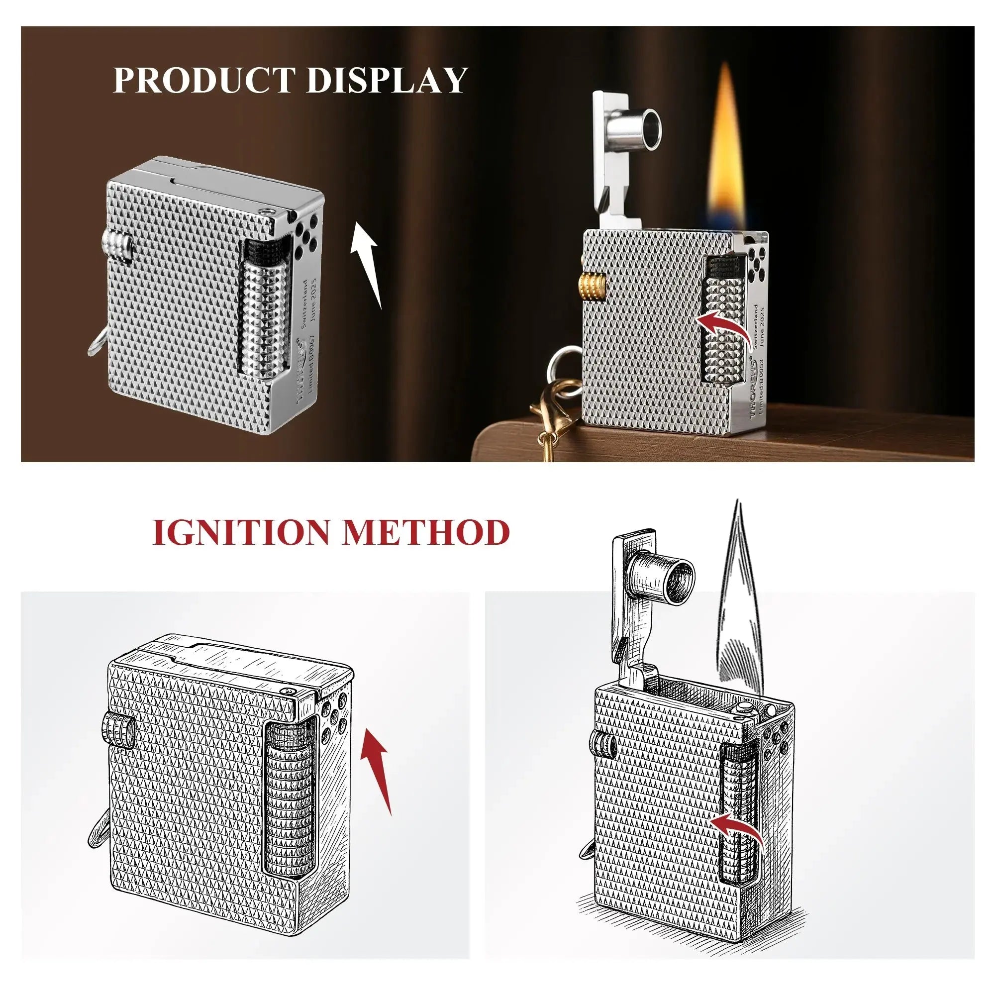 A product display illustrating the ignition method of the Thorens Mini Cube Silver Mesh lighter, featuring both a real photograph with a lit flame and a technical sketch.