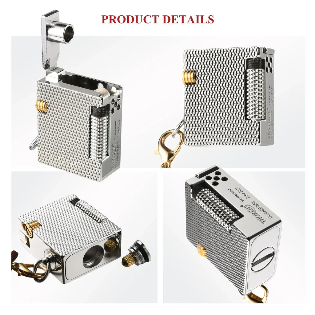 A multi-angle product view of the Thorens Mini Cube Silver Mesh lighter, showcasing the open lid, fuel screw, and precise mechanical engraving.