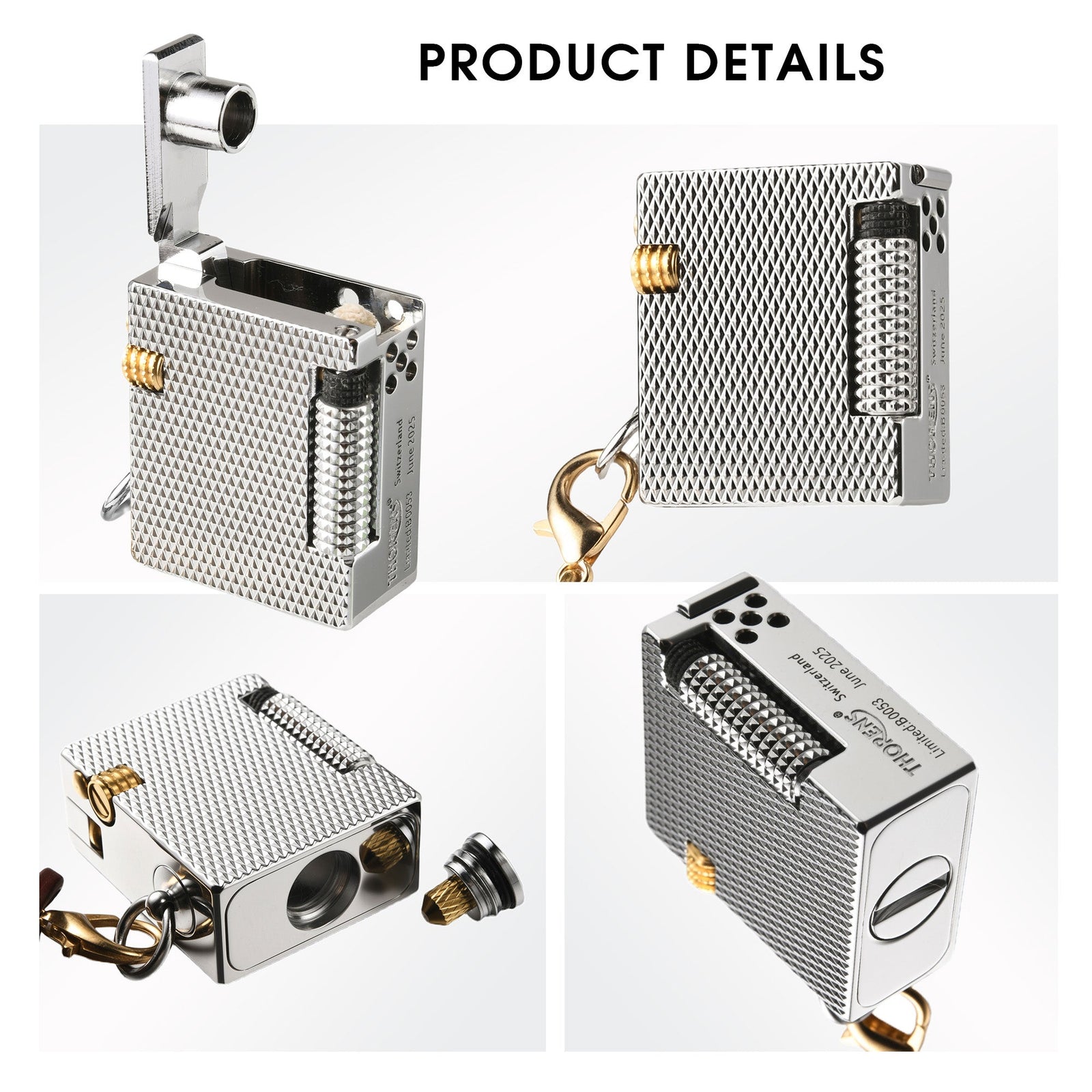A multi-angle product view of the Thorens Mini Cube Silver Mesh lighter, showcasing the open lid, fuel screw, and precise mechanical engraving.