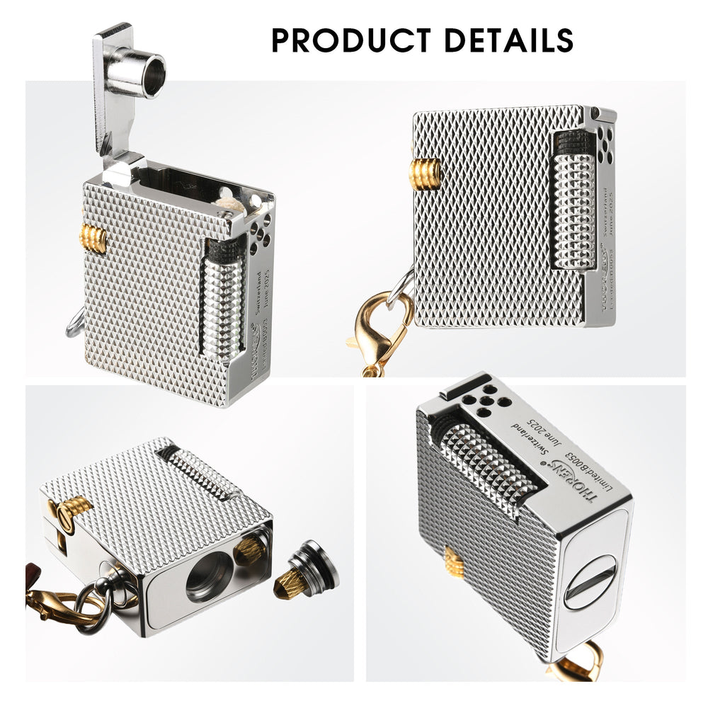 A multi-angle product view of the Thorens Mini Cube Silver Mesh lighter, showcasing the open lid, fuel screw, and precise mechanical engraving.