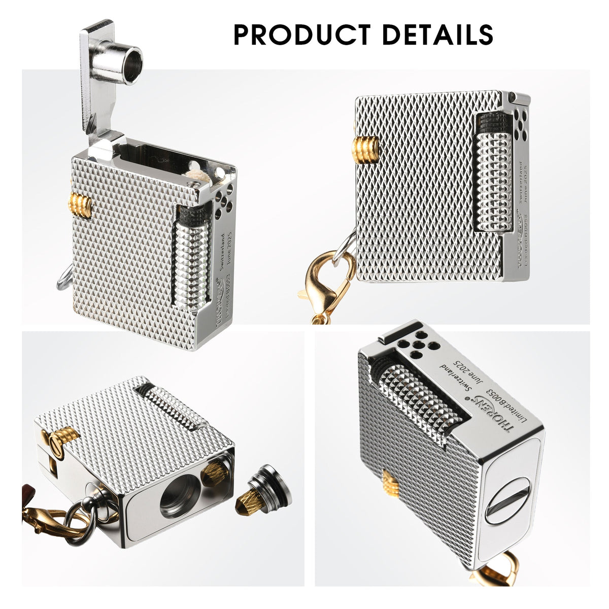 A multi-angle product view of the Thorens Mini Cube Silver Mesh lighter, showcasing the open lid, fuel screw, and precise mechanical engraving.