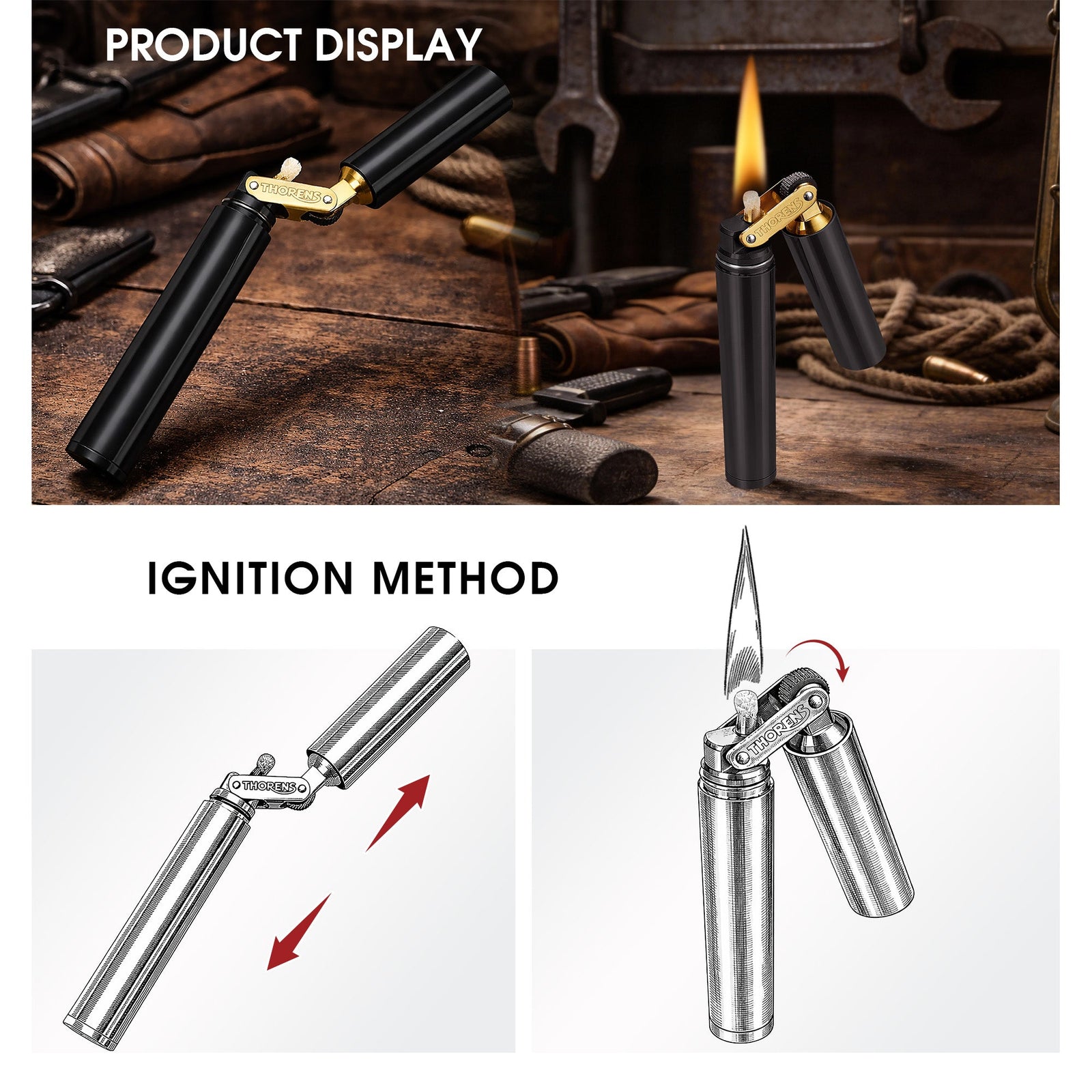 A combined product graphic for the matte black Thorens Nunchaku lighter, showing the device ignited in a workshop setting alongside technical sketches illustrating the pull-apart and fold mechanical ignition sequence.