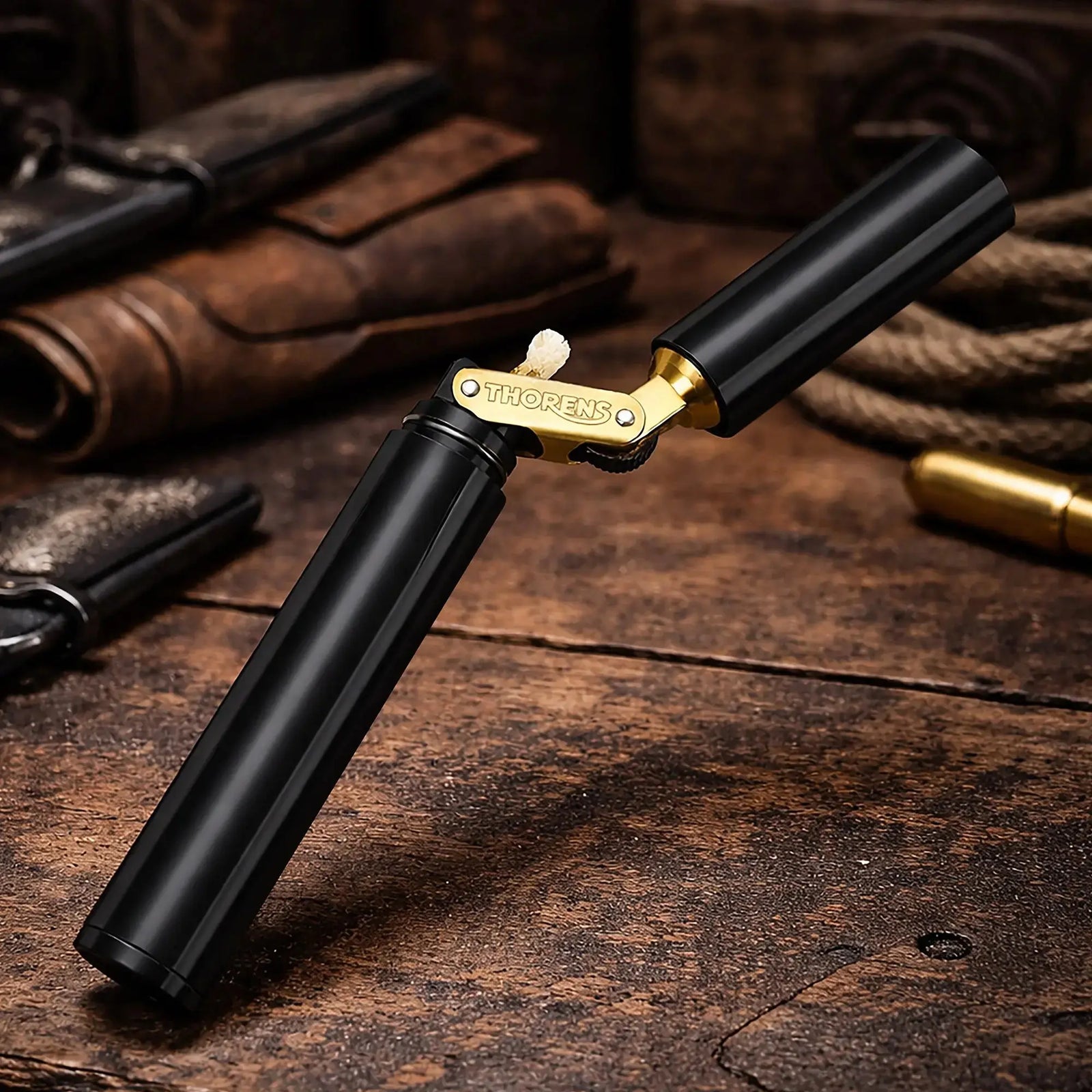 A Thorens Nunchaku lighter in matte black resting on a rustic wooden workbench, showcasing its unique "trench style" cylindrical design and premium gold-tone brass mechanical hinge.