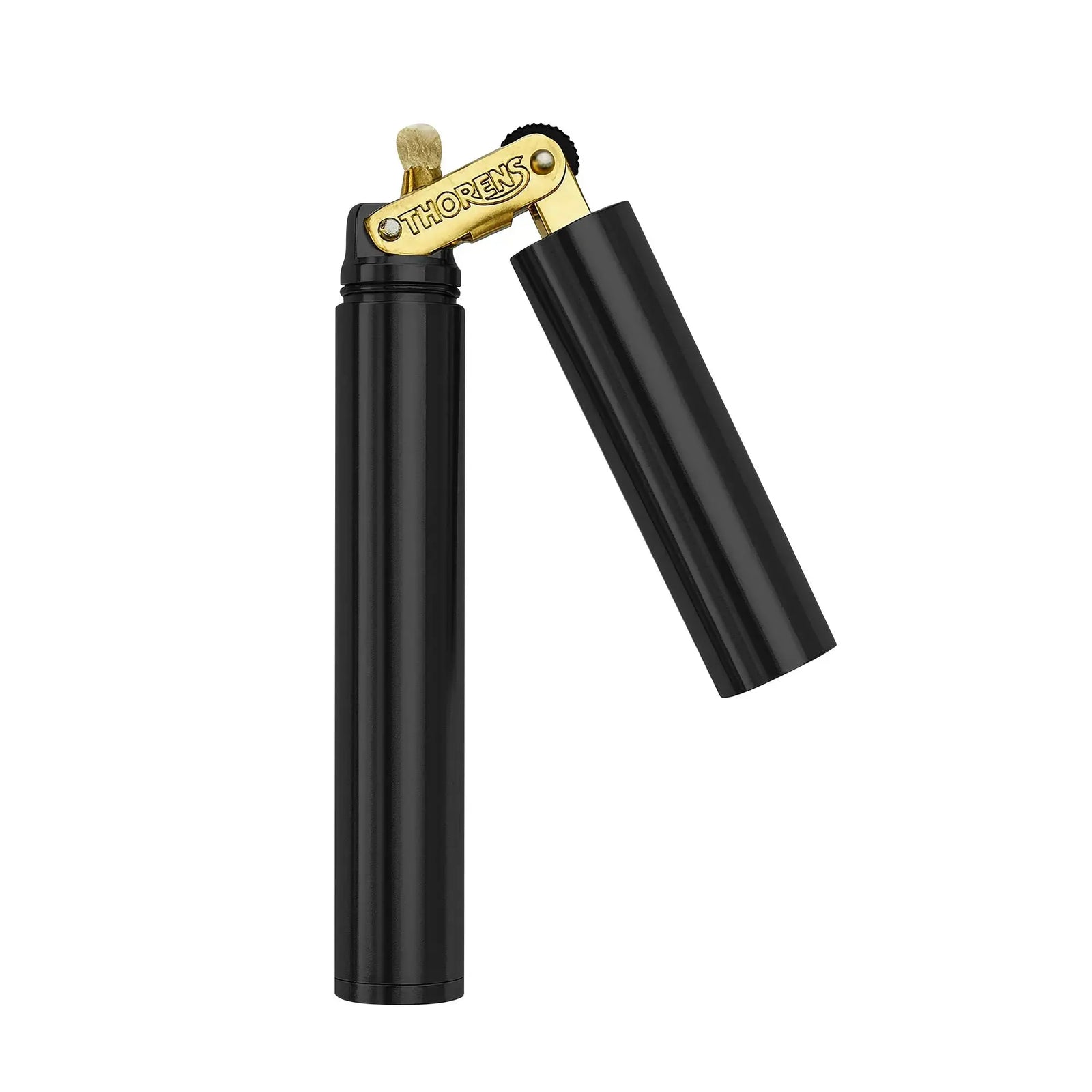 A Thorens Nunchaku lighter in a sleek matte black finish shown with the protective cap opened. The image highlights the polished brass mechanical assembly, the iconic Thorens engraving, and the high-quality cotton wick.