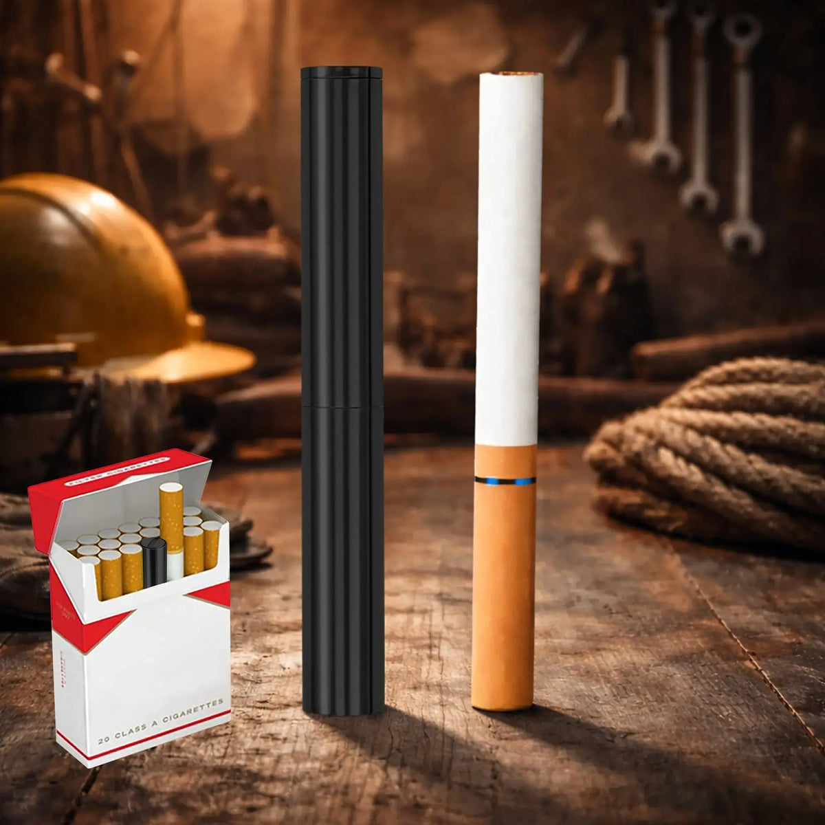A matte black Thorens Nunchaku lighter standing next to a cigarette on a rustic wooden surface, demonstrating its ultra-slim, portable design that allows it to fit perfectly inside a standard cigarette pack for discreet EDC carry.