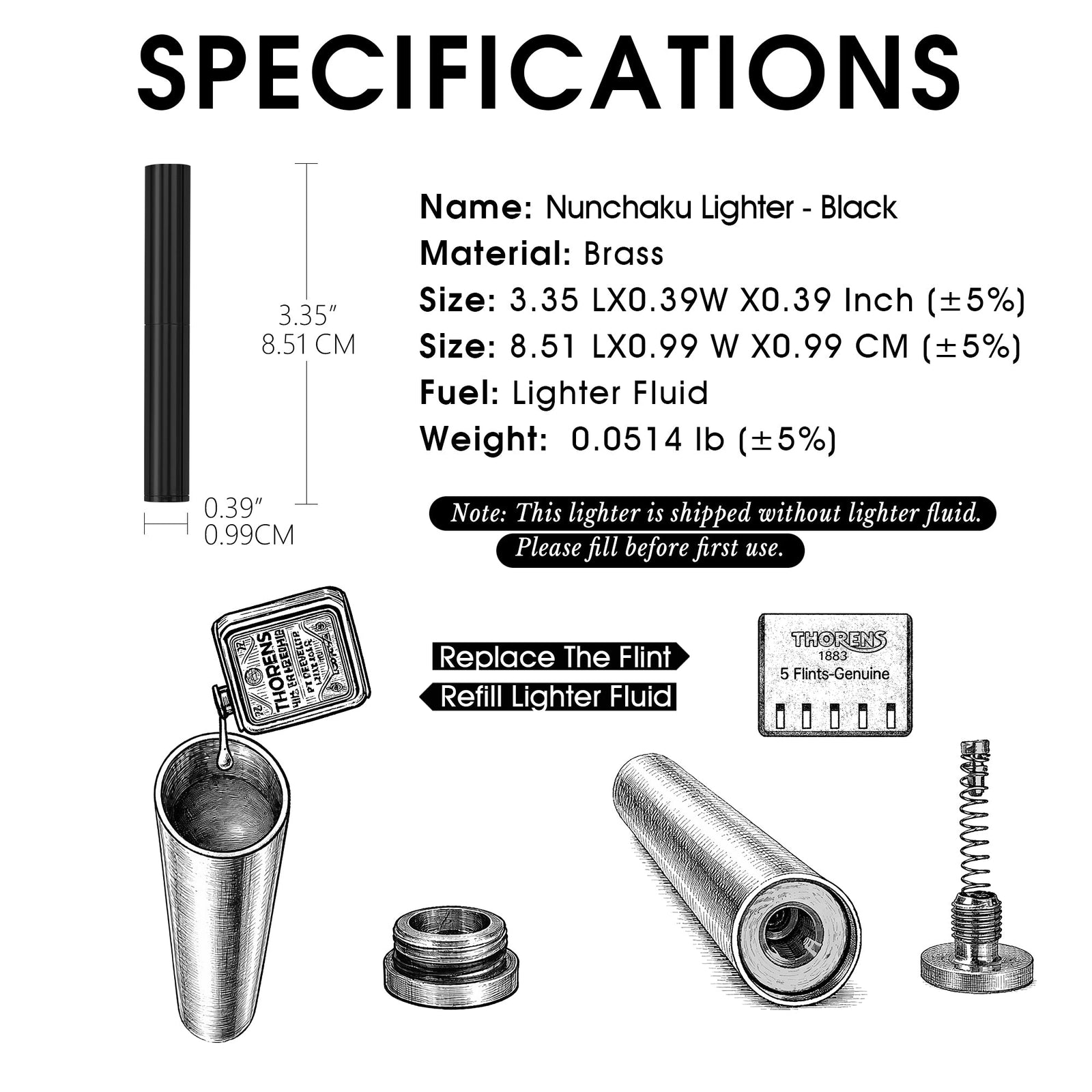 A technical overview of the matte black Thorens Nunchaku lighter, detailing its 3.35-inch length and 0.39-inch width alongside illustrated instructions for refilling lighter fluid and replacing the flint.
