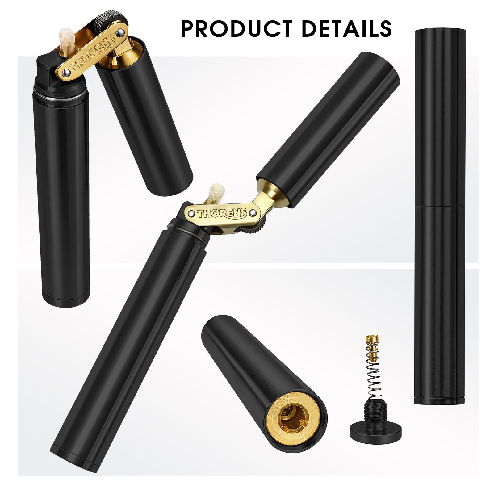A multi-angle product display of the matte black Thorens Nunchaku lighter, showing the open mechanical ignition assembly, the precision brass hinge, and the internal flint spring and screw mechanism for easy maintenance.