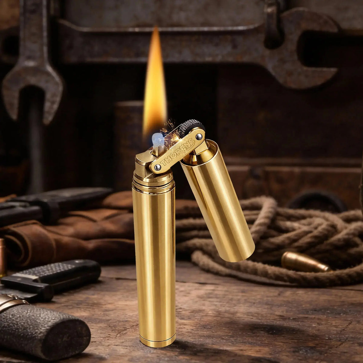 An ignited Thorens Nunchaku lighter in a vibrant gold finish, showcasing a steady flame and mechanical sparks against a rustic workshop background, highlighting its rugged EDC reliability.