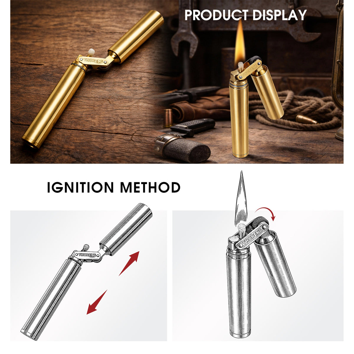 A comprehensive product graphic for the Thorens Nunchaku gold lighter, featuring lifestyle shots of the ignited lighter in a rustic setting alongside technical diagrams explaining the unique pull-and-snap ignition method.