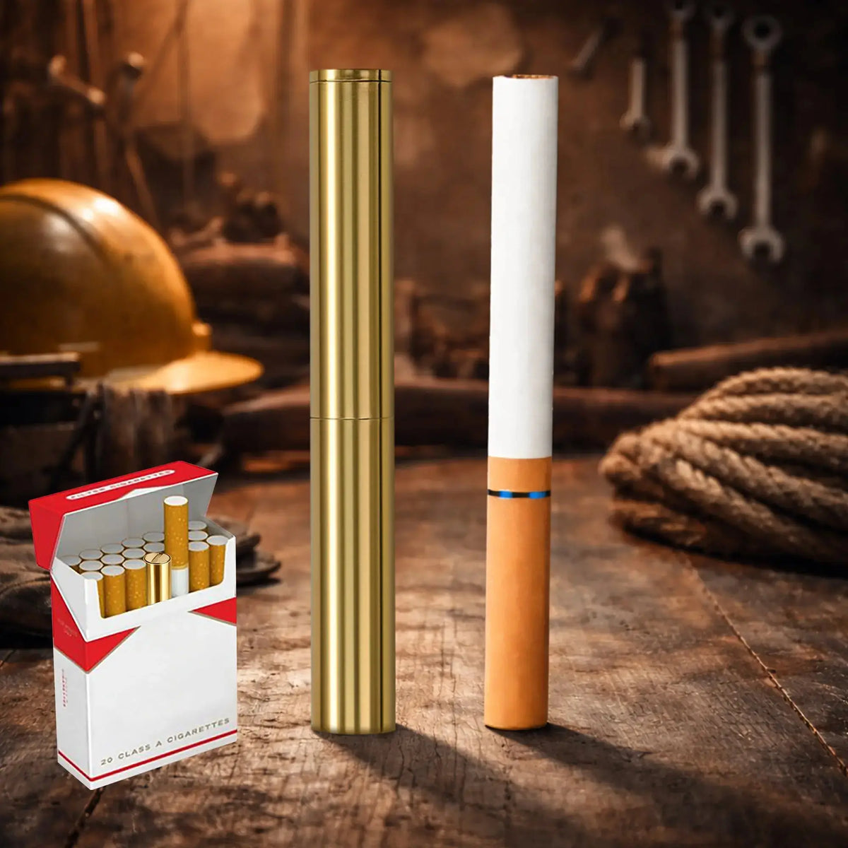 A gold Thorens Nunchaku lighter standing next to a cigarette on a rustic wooden surface, demonstrating its ultra-slim, portable design that allows it to fit seamlessly inside a cigarette pack.