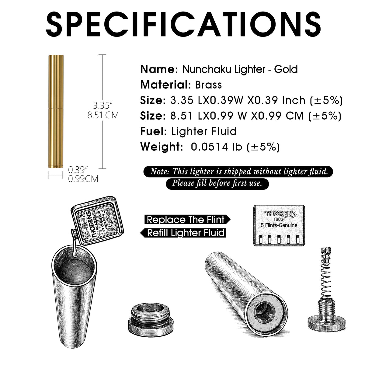 A technical overview of the gold Thorens Nunchaku lighter, detailing its 3.35-inch length, brass construction, and ultra-portable 0.0514 lb weight alongside illustrated maintenance instructions.