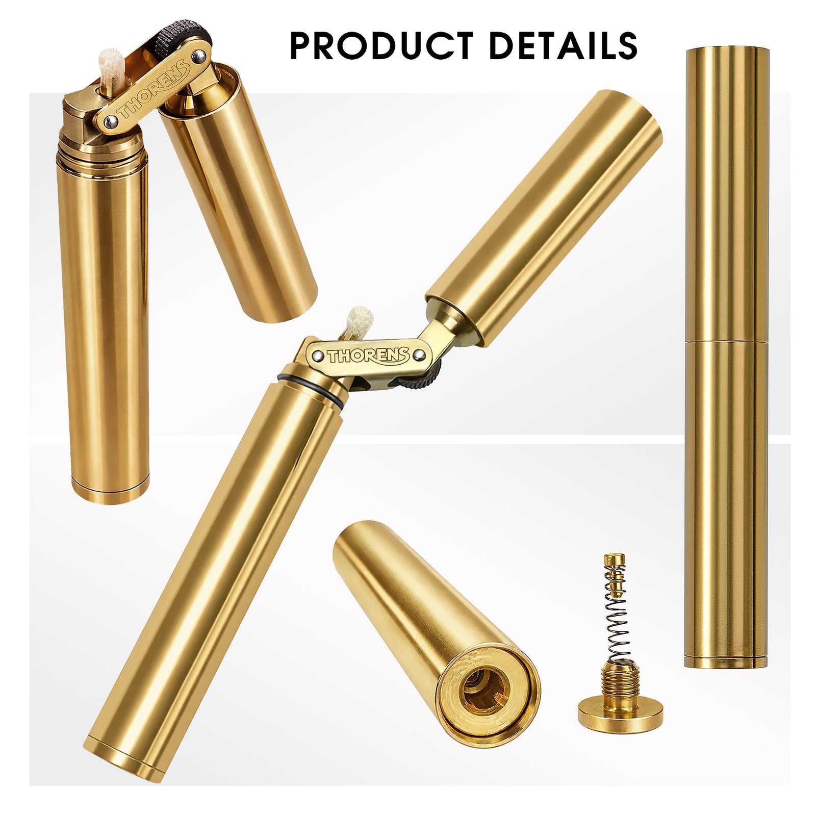 A multi-angle product display of the gold Thorens Nunchaku lighter, showing the open mechanical ignition, the airtight O-ring seal, and the precision-engineered spring and flint screw at the base.