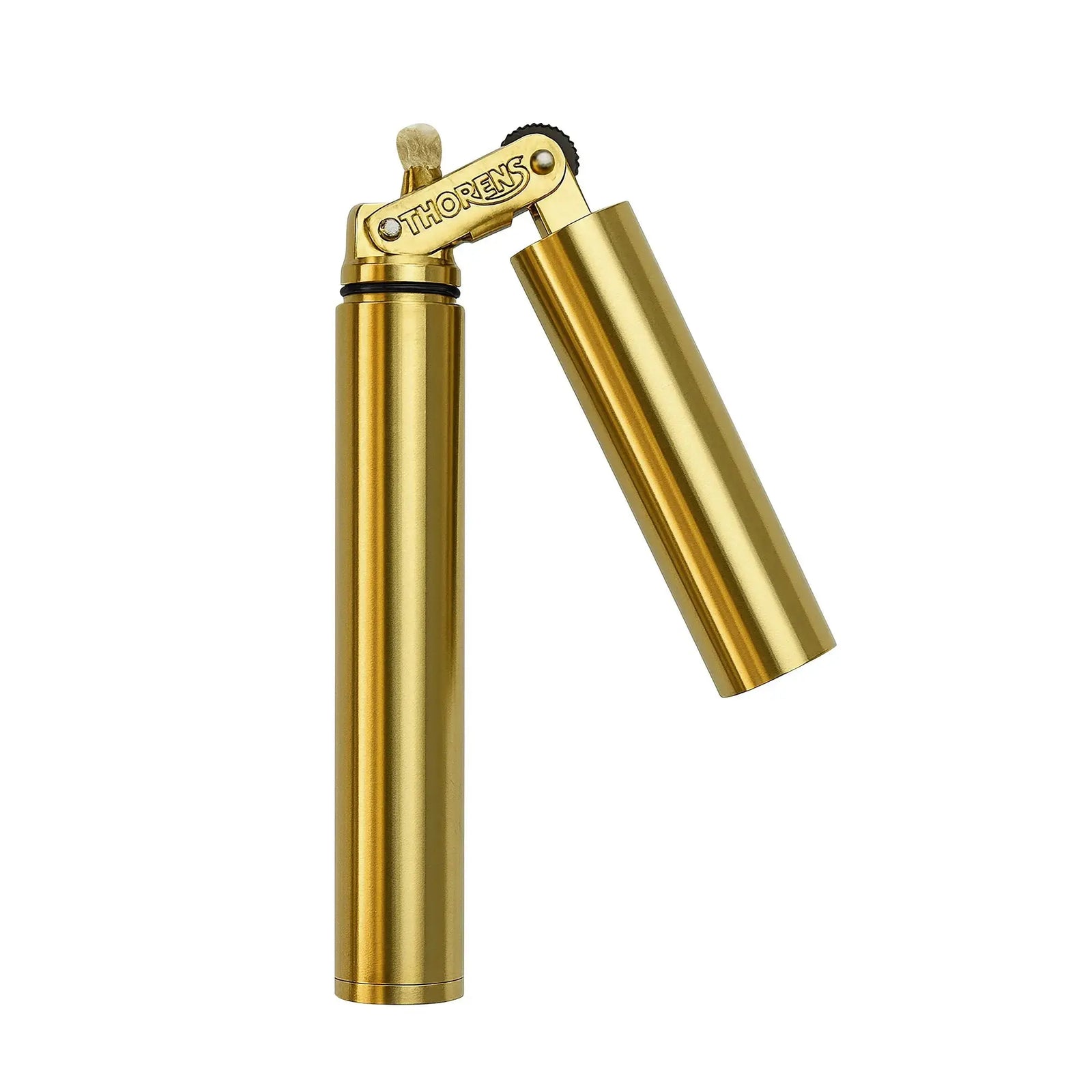 A Thorens Nunchaku lighter in a vibrant gold finish shown with the protective cap opened, revealing the brass mechanical ignition assembly, the signature Thorens engraving, and the high-quality cotton wick.