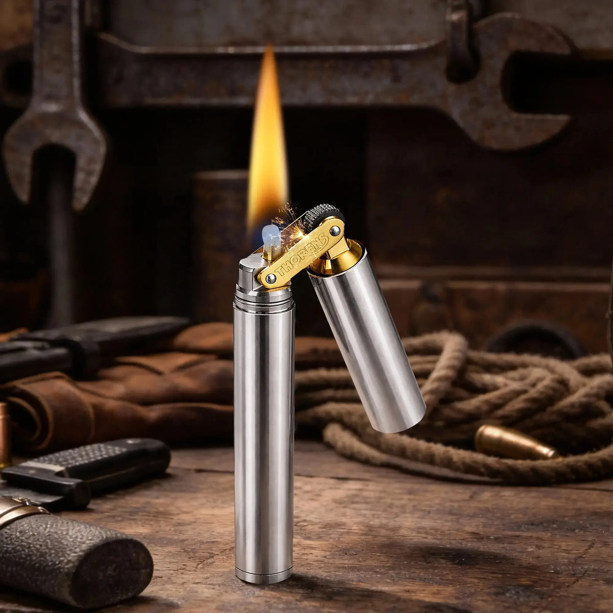 An ignited Thorens Nunchaku lighter in a silver chrome finish, showing a steady flame and mechanical sparks against a rustic workshop background, highlighting its rugged EDC reliability.
