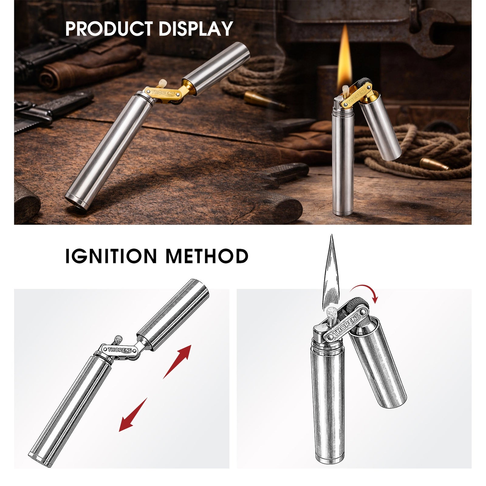 A comprehensive product graphic for the Thorens Nunchaku silver lighter, featuring lifestyle shots of the ignited lighter in a rustic setting alongside technical diagrams explaining the unique pull-and-snap ignition method.