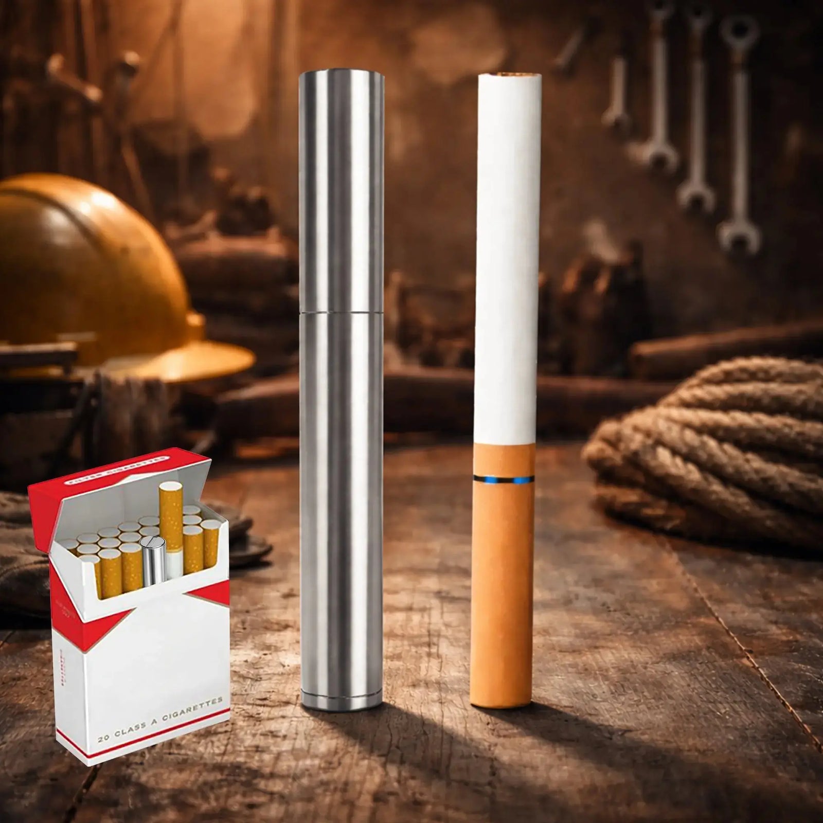 A silver Thorens Nunchaku lighter standing next to a cigarette on a wooden workbench, highlighting its ultra-slim, portable design that fits perfectly inside a standard cigarette pack.