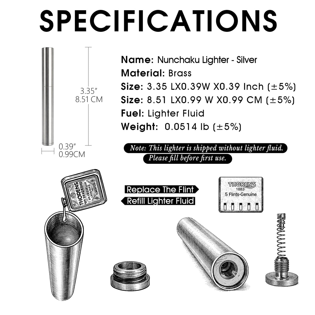 A technical overview of the silver Thorens Nunchaku lighter, showing its 3.35-inch length, brass construction, and lightweight 0.0514 lb design alongside detailed refill and flint maintenance instructions.