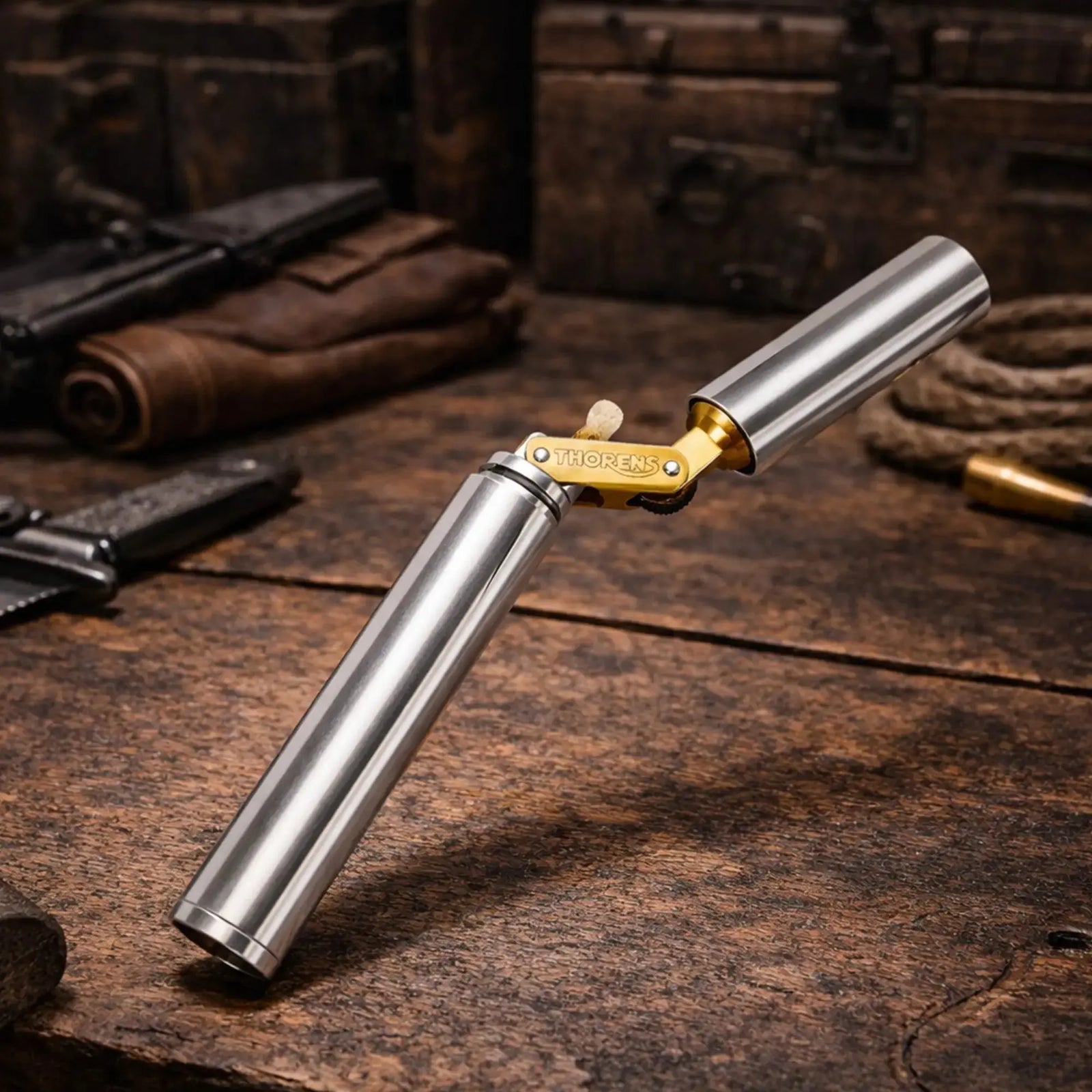 A Thorens Nunchaku lighter in silver chrome resting on a rustic wooden workbench, showcasing its unique cylindrical "trench style" design and premium mechanical brass hinge.
