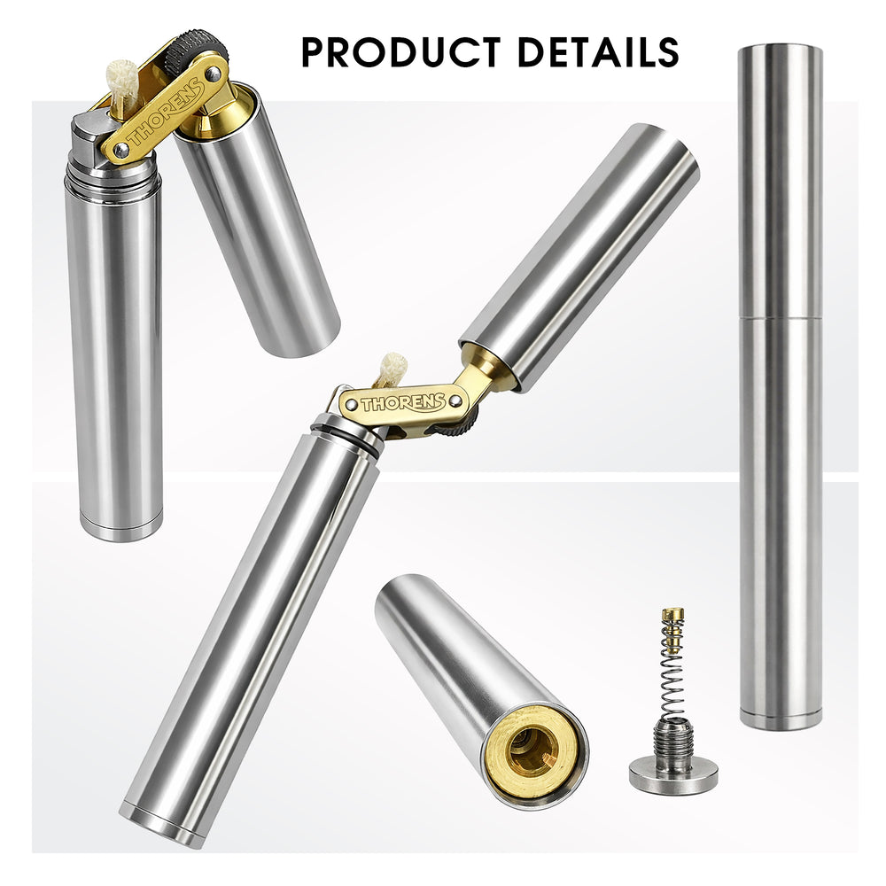 A multi-angle product display of the silver Thorens Nunchaku lighter, showing the open brass ignition mechanism, the sealed cylindrical body, and the precision-engineered spring and flint screw at the base.