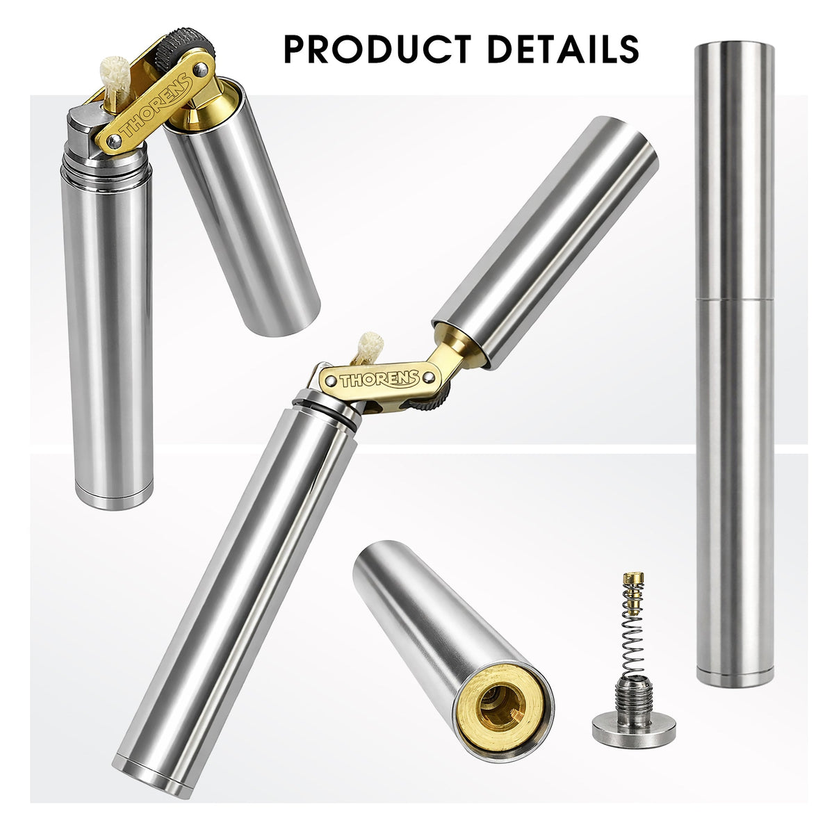 A multi-angle product display of the silver Thorens Nunchaku lighter, showing the open brass ignition mechanism, the sealed cylindrical body, and the precision-engineered spring and flint screw at the base.