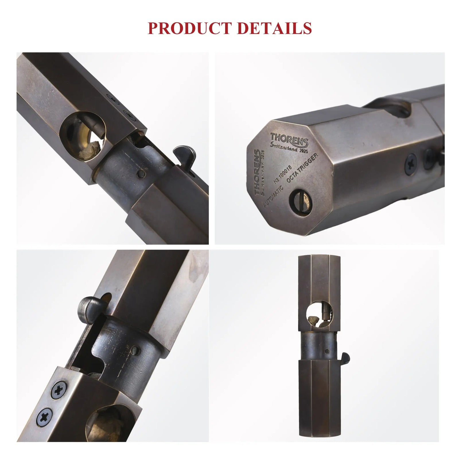 A collage showing mechanical details of the Octagon Trigger Glossy lighter, including the engraved base, ignition sleeve, and smooth brass finish.