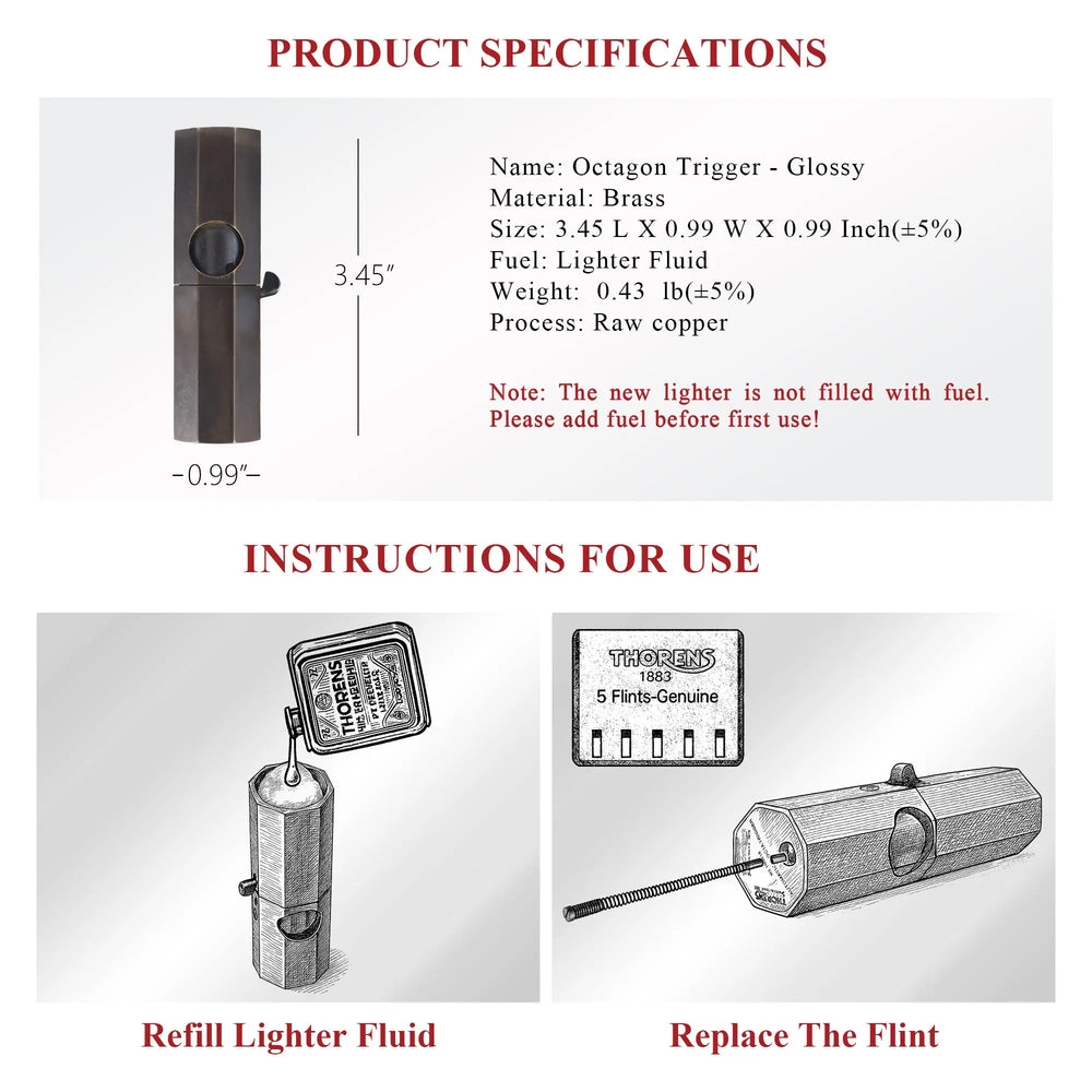 Product specification sheet for the Octagon Trigger Glossy lighter, including dimensions and illustrated instructions for refilling fluid and replacing the flint.