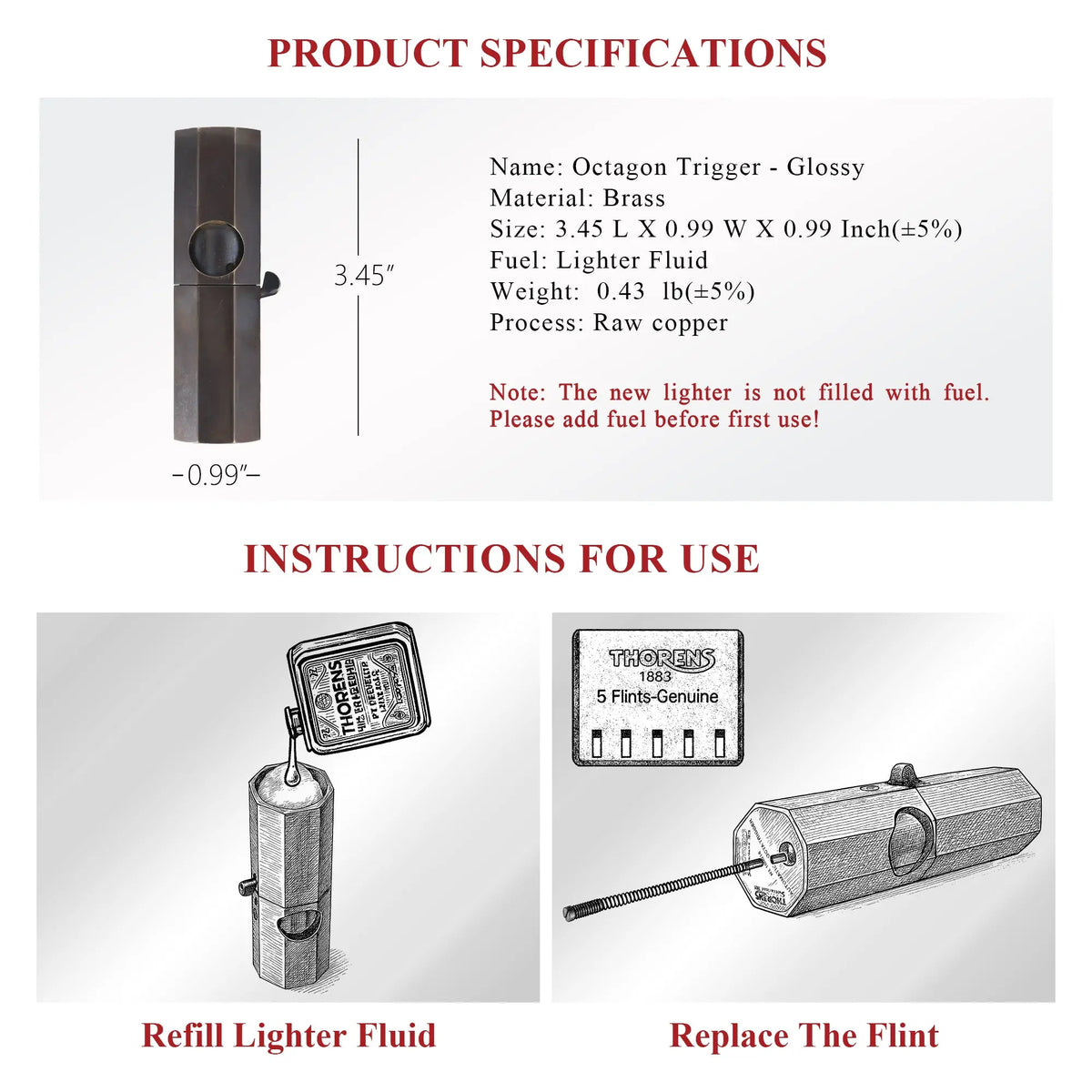 Product specification sheet for the Octagon Trigger Glossy lighter, including dimensions and illustrated instructions for refilling fluid and replacing the flint.
